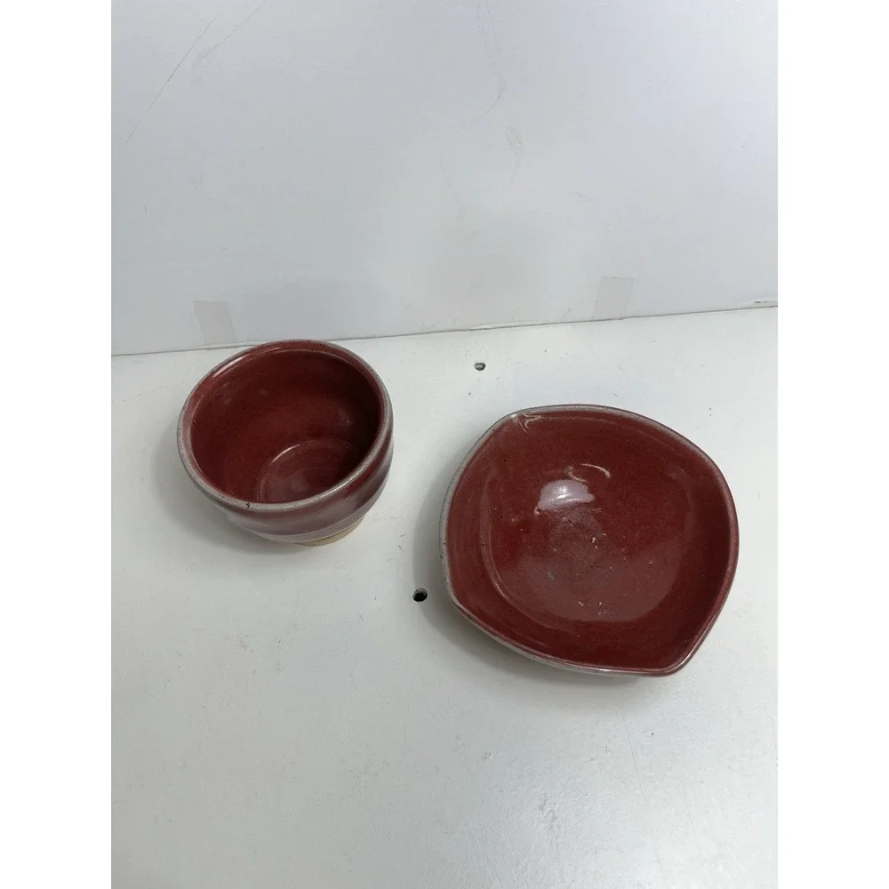 Japanese Studio Pottery Chawan Tea Cup & Bowl Set Red Glaze Signed M